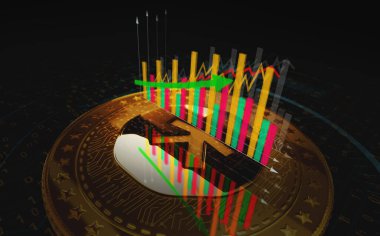 Poznan, Poland, September 1, 2024: Kaspa KAS cryptocurrency golden coin over the chart. Price trend graph with growing and falling line. Online payment and transaction abstract concept 3d illustration. clipart