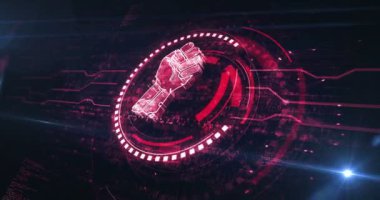 Yumruğunu sıktığı dijital bir kavramla özgürlük devrimiyle savaş. Siber teknoloji ve bilgisayar arkaplanı soyut 3D animasyon. Kusursuz ve döngüsüz.