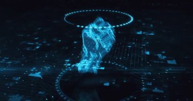 Dijital arka planda yumruklanmış hologram sembolü ile özgürlük savaşı devrimi görülüyor. Ağ, siber teknoloji ve bilgisayar soyut konsepti 3D animasyon.