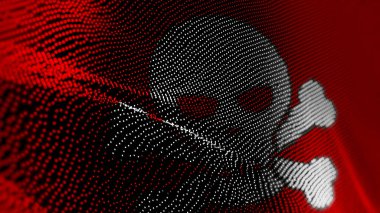 Korsan kafatası siber saldırı dijital teknoloji bayrak siber arka planı. Darknet ve siber suç afişi siber saldırı ve casusluk konsepti çizimi.