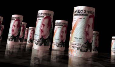 Honduras parası Honduras Lempira para rulo 3D illüstrasyon. 500 HNL banknot rulosu. Maliye, nakit, ekonomi krizi, iş başarısı, durgunluk, banka, vergi ve borç kavramı.