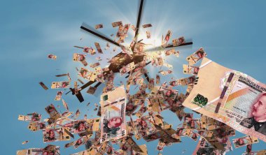 Honduras Lempira helikopter parasının düşüşünü finanse ediyor. Honduras HNL 500 banknotları soyut 3d enflasyon, para basma, finans, ekonomi, kriz ve niceliksel basitleştirme konsepti.