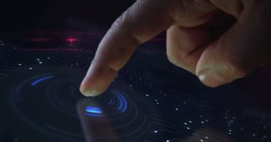 2025 yıllık dijital soyut 3D konsept. Parmak dokunuşu ekranı. Siber teknoloji ve ağ geçmişi. Adam bilgisayar ekranını itiyor.