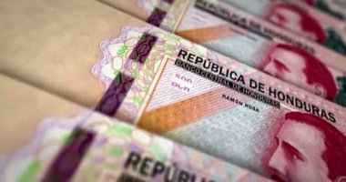 Honduras parası Honduras Lempira banknot döngüsü. 500 HNL para dokusu. Ekonomi, iş, kriz, bankacılık, durgunluk, borç ve finans kavramı. Dikdörtgen 3D nota üzerinde hareket.