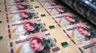 Honduras parası Honduras Lempira para basma makinesi döngüsü. Kağıt 500 HNL banknot baskı 3D döngüsü pürüzsüz. Soyut bankacılık, finans, ekonomi ve kriz kavramı.