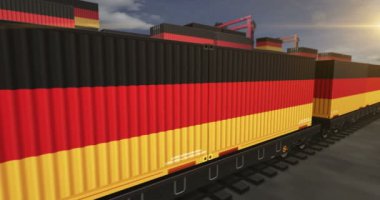 Almanya bir yük vagonu döngüsünde üretim ve ithalat konteynırları ihraç ediyor. Demiryolu tren taşımacılığı ve Alman bayrağıyla nakliye. 3B döngü ve kusursuz canlandırma.