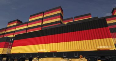 Almanya bir yük vagonu döngüsünde üretim ve ithalat konteynırları ihraç ediyor. Demiryolu tren taşımacılığı ve Alman bayrağıyla nakliye. 3B döngü ve kusursuz canlandırma.