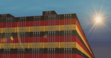 Almanya, liman terminali iş konseptinde kargo konteynırlarını ihraç edip ithal ediyor. Almanya sanayi taşımacılığı 3D bayrağı.