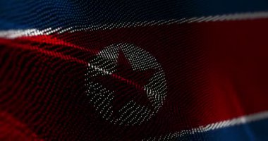 Kuzey Kore bayrağı piksel sallıyor. Kuzey Kore siber saldırı sancakları hackleme ve güvenlik konsepti animasyonu.