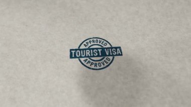 Turist vizesi, pul döngüsünü ve kusursuz animasyonu onayladı. El damgası darbesi. Seyahat ve turizm 3 boyutlu döngü kavramı.