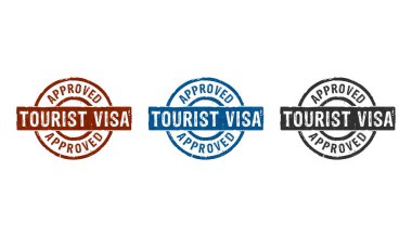 Turist vizesi birkaç renkli sürümde pul simgelerini onayladı. Seyahat ve turizm konsepti 3 boyutlu resimleme.