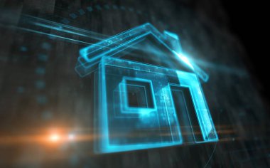 Ev yapımı akıllı ev sembolü dijital kavram. Ağ, siber teknoloji işareti ve bilgisayar arkaplan soyut 3d resimleme.