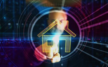 Home IOT akıllı ev ai sembolü dijital soyut 3D konsept. Parmak dokunuşu ekranı. Siber teknoloji ve ağ geçmişi. Adam bilgisayar ekranını itiyor.