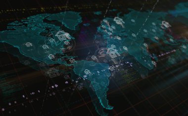 Dünya haritasının üzerinde akıllı ev sembolleri var. Kusursuz döngülü teknoloji kavramı.