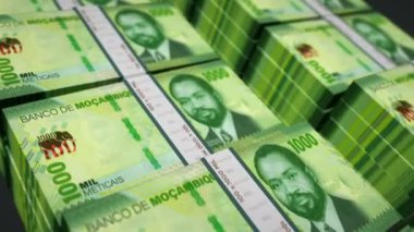 Mozambik parası Mozambik Metical Pack döngüsü 3D animasyon. Döngüsüz finans, nakit, ekonomi, iş ve banka kavramı. Kamera 1000 MZN 'den fazla banknot destesini taşıyor.