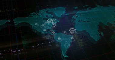 Dünya haritasının üzerinde akıllı ev sembolleri var. Kusursuz döngülü teknoloji kavramı.