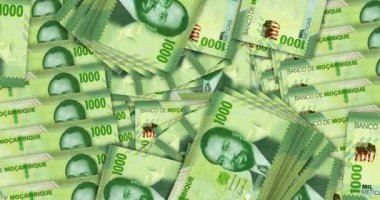 Mozambik parası Mozambik Metical banknotları nakit fan mozaik model döngüsü içinde. 1000 MZN 'lik banknot. Soyut banka, finans, ekonomi sorunsuz ve döngülü tasarım geçmişi kavramı.
