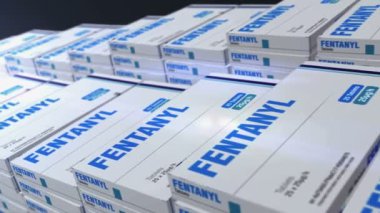 Fentanil opioid ağrı kesici tablet üretim hattı. Tıbbi ağrı kesici, karton kutu fabrikası. Soyut kavram 3D döngüsüz dikişsiz.