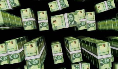 Mozambik parası Mozambik Metical para paketi 3D illüstrasyon. 1000 MZN 'lik banknot destesi. Maliye, nakit, ekonomi krizi, iş başarısı, durgunluk, banka, vergi ve borç kavramı.