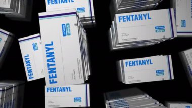 Fentanil opioid ağrı kesici tablet üretim hattı. Tıbbi ağrı kesici, karton kutu fabrikası. Soyut kavram 3D döngüsüz dikişsiz.