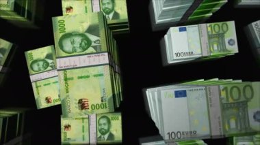 Euro ve Mozambik parası Mozambik Metical para değişimi. Kağıt banknotlar tomar tomar. Ticaret, ekonomi, rekabet, kriz, bankacılık ve finans kavramı. Döngüsüz 3D canlandırma notaları.