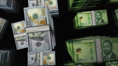 Amerikan Doları ve Mozambik parası Mozambik Metical para değişimi. Kağıt banknotlar tomar tomar. Ticaret, ekonomi, rekabet, kriz, bankacılık ve finans kavramı. Döngüsüz 3D notalar.