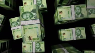 Mozambik parası Mozambik Metical banknotları döngüsü. 1000 MZN 'den fazla 3D uçuş kule istifliyor. Döngüsüz, soyut iş dünyası, ekonomi krizi ve finans kavramı.
