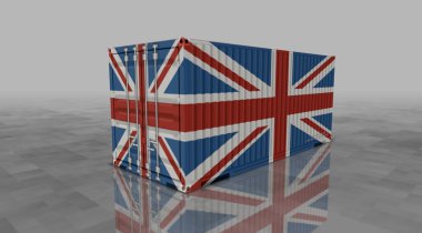 İngiltere İngiltere, sıra iş konseptinde kargo konteynırlarını ihraç edip ihraç ediyor. İngiliz sanayi sanayi sanayi sanayi sandığı 3D illüstrasyon.