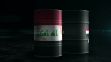 Irak petrol işi ve yakıt çıkarma varilleri kavramı. Irak petrol endüstriyel metal konteynırları.
