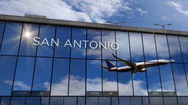 San Antonio, Teksas 'a inen uçaklar 3 boyutlu resimleme yapıyor. Cam havaalanı terminali ve jet uçağının yansıması ile şehre varış. Seyahat, iş, turizm ve ulaşım