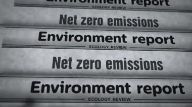 Net sıfır emisyon yeşil enerji ve eski haberleri ve gazete basımını karbonlaştırır. Soyut konsept retro başlıklar 3d siyah ve beyaz.