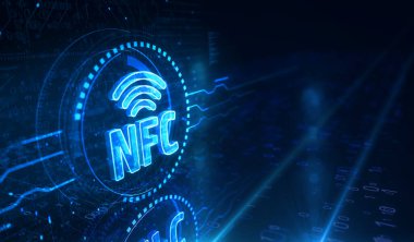 NFC wireless pay mobile phone payment symbol digital concept. Network, cyber technology and computer background abstract 3d illustration. clipart