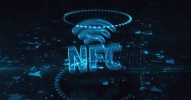 NFC kablosuz ödemeli cep telefonu ödeme hologramı dijital arkaplanda görünüyor. Ağ, siber teknoloji ve bilgisayar soyut konsepti 3D animasyon.