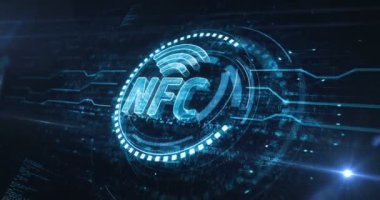 NFC kablosuz ödemeli cep telefonu ödeme sembolü dijital konsept. Siber teknoloji ve bilgisayar arkaplanı soyut 3D animasyon. Kusursuz ve döngüsüz.
