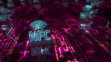 NFC kablosuz ödemeli cep telefonu ödeme sembolü soyut siber konsept. Dijital teknoloji ve bilgisayar arkaplanı pürüzsüz ve döngülü 3D animasyon.