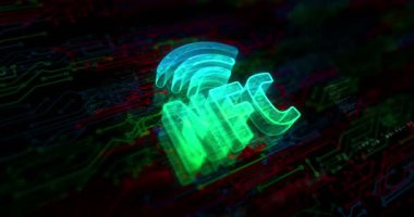 NFC kablosuz ödemeli cep telefonu ödemeli renkli sembol konsepti. Ağ, siber teknoloji ve bilgisayar arkaplanı soyut 3d canlandırması.