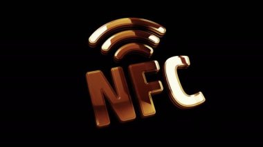 NFC kablosuz ödemeli cep telefonu ödemeli altın metal parlama sembolü konsepti. Görkemli parlama ve yansıma ışığı ikonu soyut 3D animasyon. Ayrı nesne.