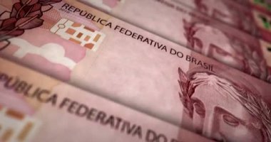 Brezilya parası Brezilyalı Real banknot döngüsü. 1000 MZN para dokusu. Ekonomi, iş, kriz, bankacılık, durgunluk, borç ve finans kavramı. Dikdörtgen 3D nota üzerinde hareket.