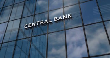 Merkez Bankası cam bina konsepti. Ön cephede bankacılık, ekonomi, finans ve para sembolü 3D.