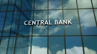Merkez Bankası cam bina konsepti. Ön cephede bankacılık, ekonomi, finans ve para sembolü 3D.