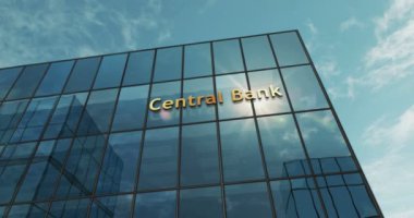 Merkez Bankası cam bina konsepti. Ön cephede bankacılık, ekonomi, finans ve para sembolü 3D.