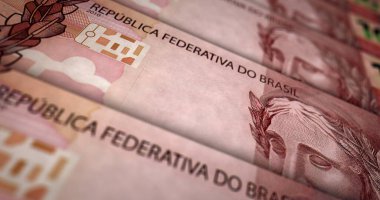 Brezilya 'nın gerçek para basımı 3D illüstrasyon. 10 BRL banknot izi. Brezilya 'da finans, nakit, ekonomi krizi, iş başarısı, durgunluk, banka, vergi ve borç kavramı.