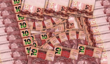 Brasil Real banknotları bir nakit fan mozaik desen döngüsü içinde. Brezilya BRL 10 'luk banknotlar. Soyut banka, finans, ekonomi dekoratif tasarım konsepti 3d illüstrasyon.