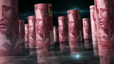 Brezilya parası Brezilyalı Real Roll 3D döngüsü. Para masanın üstünde. Kusursuz ve soyut ekonomi, finans ve iş kavramı. 1000 MZN 'lik banknotlar arası kamera.