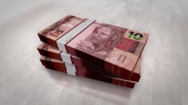 Brezilya parası Brezilyalı Real yığını. Ekonomi, bankacılık, iş, kriz, durgunluk, borç ve finans konularının kavramı. 1000 MZN banknot destesi 3D.