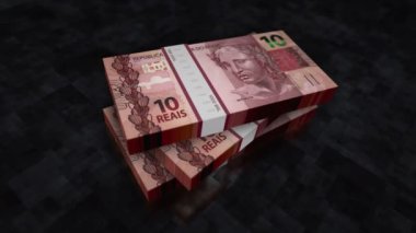 Brezilya parası Brezilyalı Real yığını. Ekonomi, bankacılık, iş, kriz, durgunluk, borç ve finans konularının kavramı. 1000 MZN 'lik banknotlar 3D animasyon yığınları.