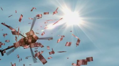 Brezilya parası Brezilyalı Real helikopter parası bırakıyor. 1000 MZN 'lik soyut 3D enflasyon, para basma, finans, ekonomi, kriz ve niceliksel kolaylık kavramı.