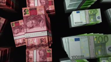Euro ve Brezilya 'dan Brezilya' ya gerçek para transferi. Kağıt banknotlar tomar tomar. Ticaret, ekonomi, rekabet, kriz, bankacılık ve finans kavramı. Döngüsüz 3D canlandırma notaları.