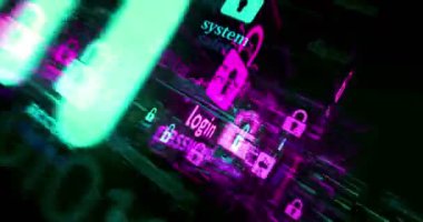 Asma kilit sembolü teknoloji döngüsü kavramına sahip siber güvenlik. Arızalı ekranlardaki soyut imza pürüzsüz ve döngülü.