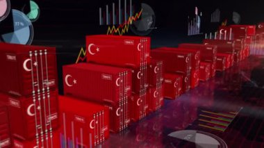 Türkiye, çizelge ve diyagramlar üzerindeki kargo konteynırlarını sorunsuz ve geri dönüşümlü iş konseptine ihraç edip ithal ediyor. Türkiye bayrağı endüstriyel nakliye kutusu 3D döngü.